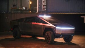 Photo of a Tesla Cybertruck electric pickup truck outside after the 2019 unveiling event.