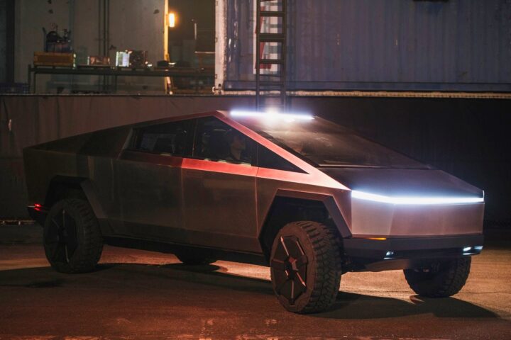 Photo of a Tesla Cybertruck electric pickup truck outside after the 2019 unveiling event.