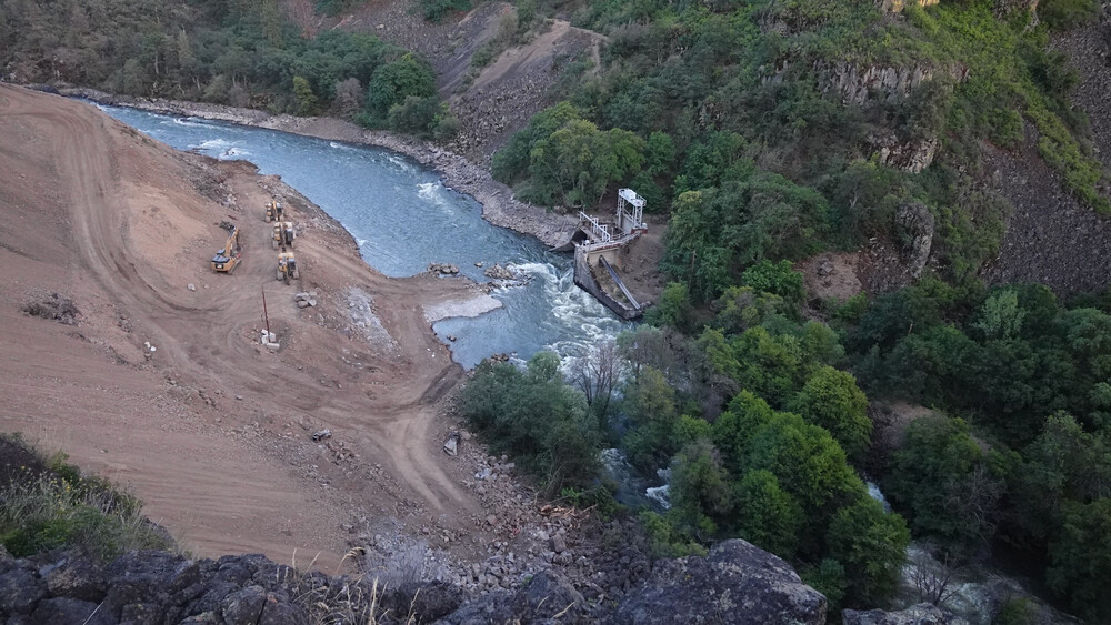 Crews continue to make swift work on the deconstruction of Copco No. 2. This dam was designed to divert the river into pipelines that run through a mountain to send waters to the Copco No. 2 powerhouse, located roughly a mile downstream.