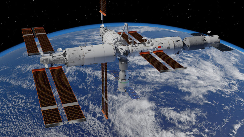 Rendering of Tiangong Space Station on 1 November 2022 after the initial docking of Mengtian module.