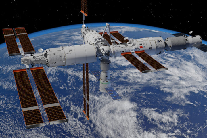 Rendering of Tiangong Space Station on 1 November 2022 after the initial docking of Mengtian module.