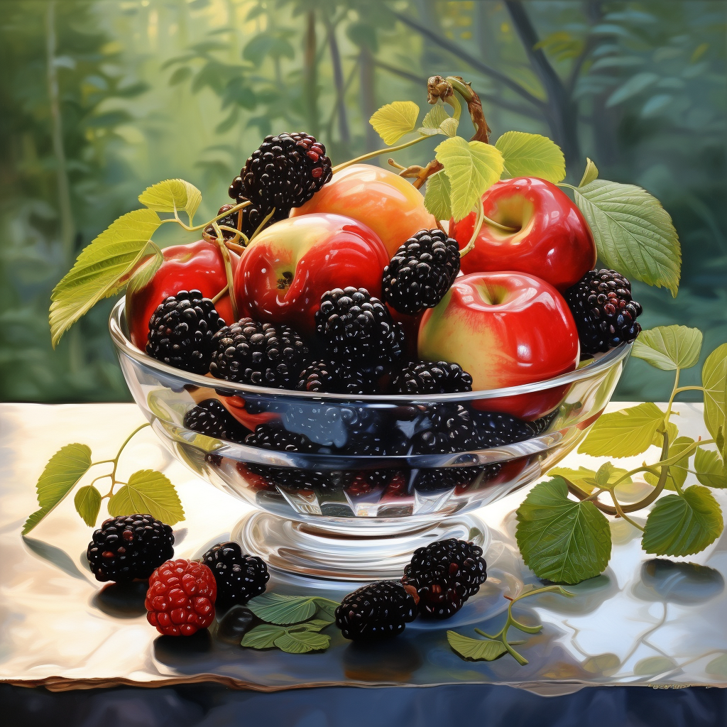 Apple and blackberries in a glass bowl in a farm late