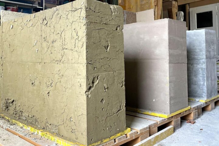 Prototype walls made with a clay, lime and cement. © 2023 EPFL / Salvatore Aprea