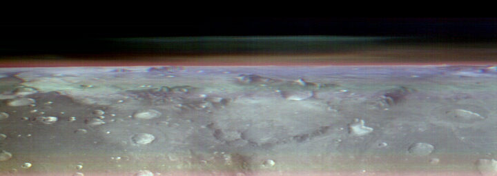 This unusual view of the horizon of Mars was captured by NASA’s Odyssey orbiter using its THEMIS camera, in an operation that took engineers three months to plan. It’s taken from about 250 miles above the Martian surface – about the same altitude at which the International Space Station orbits Earth. Credit: NASA/JPL-Caltech/ASU