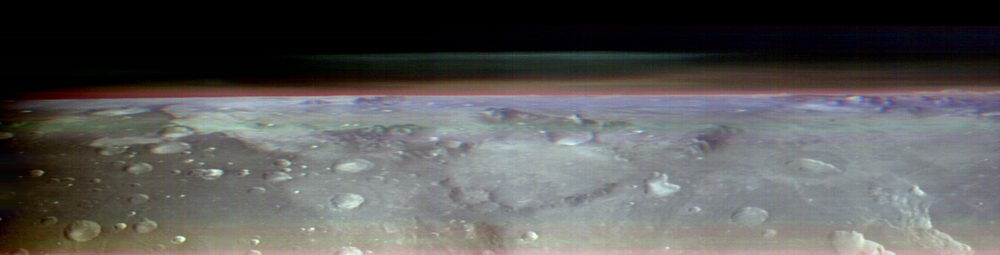 This unusual view of the horizon of Mars was captured by NASA’s Odyssey orbiter using its THEMIS camera, in an operation that took engineers three months to plan. It’s taken from about 250 miles above the Martian surface – about the same altitude at which the International Space Station orbits Earth. Credit: NASA/JPL-Caltech/ASU