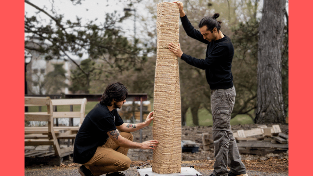 Zachary Keller and Muhammad Dayyem Khan of the Digital Architecture Research & Technology Laboratory work with robotic 3D-printed, wood-based material paired with incremental set-on-demand concret