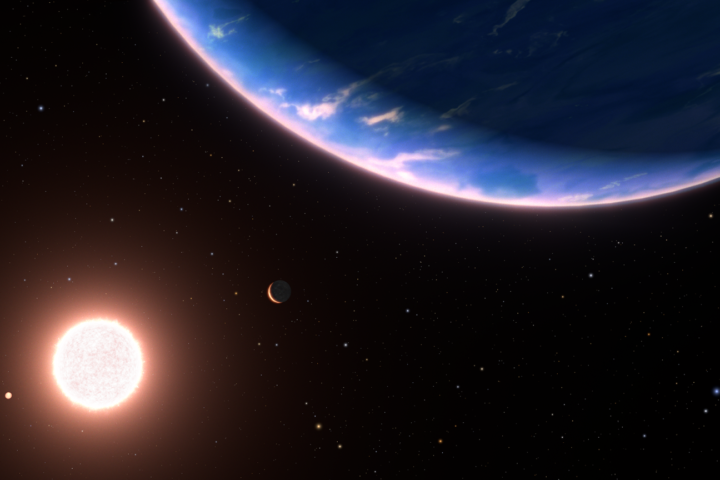 This is an artist's concept of the exoplanet GJ 9827d, the smallest exoplanet where water vapor has been detected in the atmosphere. The planet could be an example of potential planets with water-rich atmospheres elsewhere in our galaxy. With only about twice Earth's diameter, the planet orbits the red dwarf star GJ 9827. Two inner planets in the system are on the left. The background stars are plotted as they would be seen to the unaided eye looking back toward our Sun. The Sun is too faint to be seen. The blue star at upper right is Regulus; the yellow star at center bottom is Denebola; and the blue star at bottom right is Spica. The constellation Leo is on the left, and Virgo is on the right. Both constellations are distorted from our Earth-bound view from 97 light-years away.