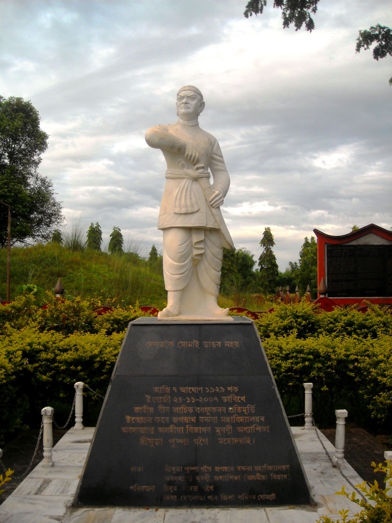 Statue of Lachit Barphukan at his maidam. Ahoms led by general Lachit Barphukan defeated the Mughls led by Ramsingh in battle of Saraighat in 1671. He died a year later and his last remains were laid under this tomb (Maidam) constructed by Swargadeo Udayaditya Singha in 1672 at Hoolungapara, 16 kms east of Jorhat city.