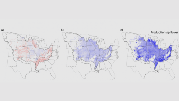 The map at left depicts harmful spillover effects in red resulting from wetland restoration in the central Corn Belt without a carbon-pricing policy. The other two maps show how a national carbon policy largely eliminates the spillover effect by imposing two different prices on its use. (Image provided by Thomas Hertel)