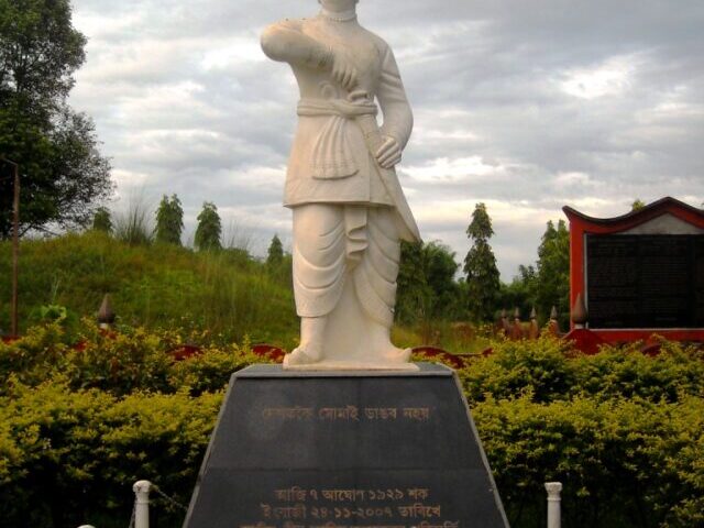 Statue of Lachit Barphukan at his maidam. Ahoms led by general Lachit Barphukan defeated the Mughls led by Ramsingh in battle of Saraighat in 1671. He died a year later and his last remains were laid under this tomb (Maidam) constructed by Swargadeo Udayaditya Singha in 1672 at Hoolungapara, 16 kms east of Jorhat city.