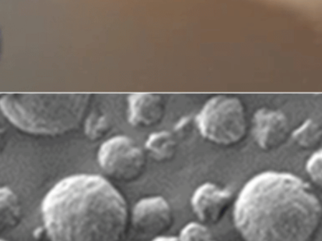 MIT engineers have designed diagnostic particles that can be aerosolized and inhaled. At bottom is a scanning electron micrograph of the particles, which are coated with nanosensors that interact with cancer-associated proteins in the lungs.