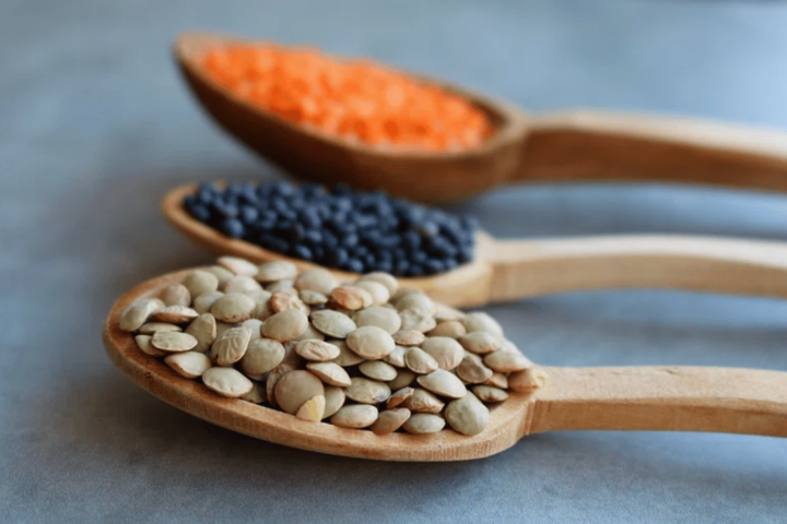 lentils in wooden spoon.