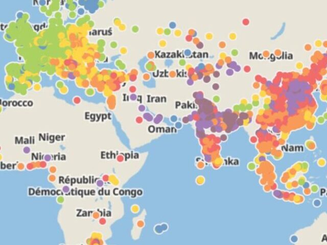 Interactive global map of 2023 PM2.5 concentrations by city.