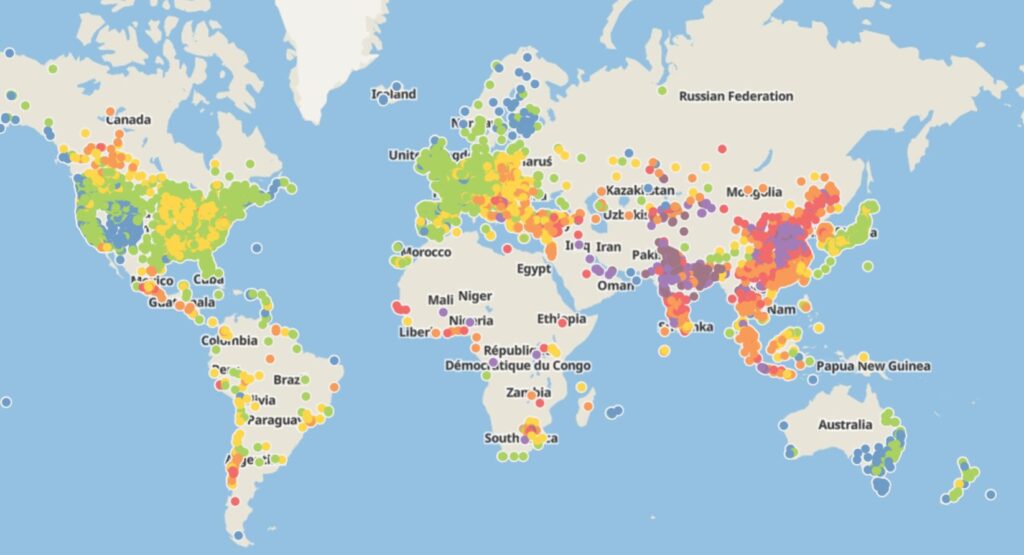 Interactive global map of 2023 PM2.5 concentrations by city.