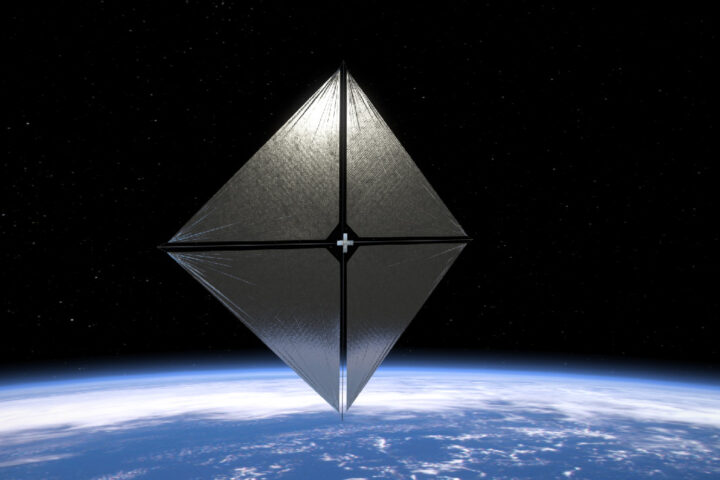 An artist’s concept of NASA’s Advanced Composite Solar Sail System spacecraft in orbit.