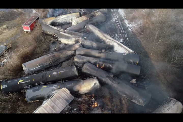 Drone footage shows the freight train derailment in East Palestine, Ohio, U.S., February 6, 2023 in this screengrab obtained from a handout video released by the NTSB.