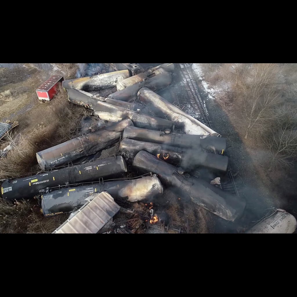 Drone footage shows the freight train derailment in East Palestine, Ohio, U.S., February 6, 2023 in this screengrab obtained from a handout video released by the NTSB.