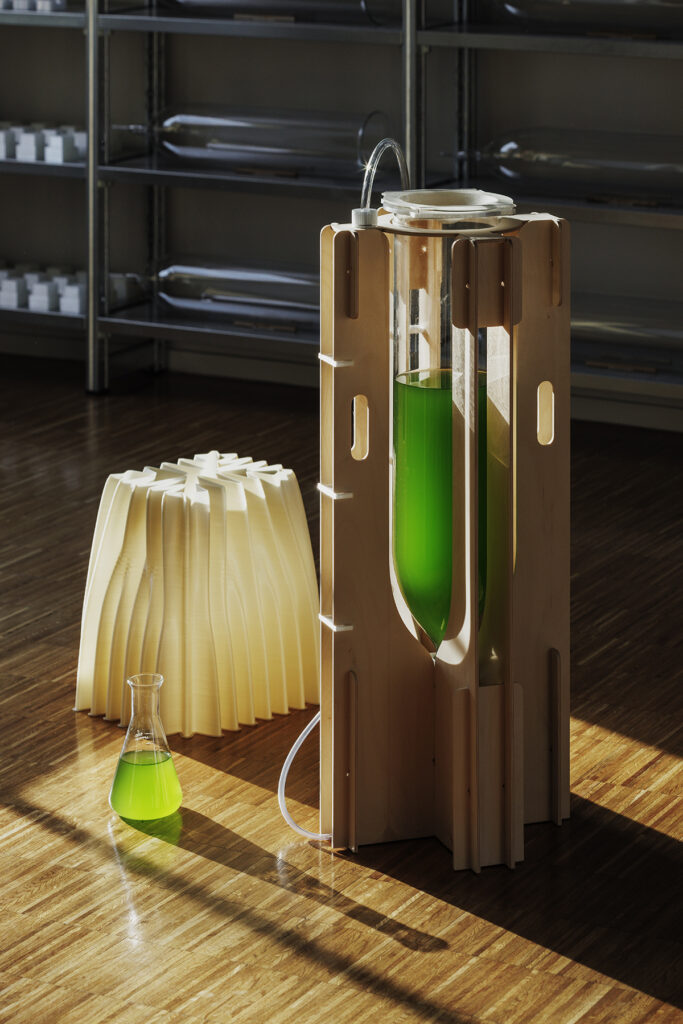 A wooden box with two tubes inside it: one green and the other white and green. It has to do with PhotoSynthetica at ecoLogicStudio. With a concentration on a seated arrangement, the scene looks to be indoors, either on a table or the floor. (Source: EcoLogicStudio)