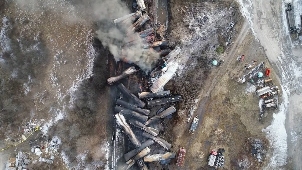 The freight train derailment in East Palestine, Ohio, U.S.( Photo Credit: National Transportation Safety Board )