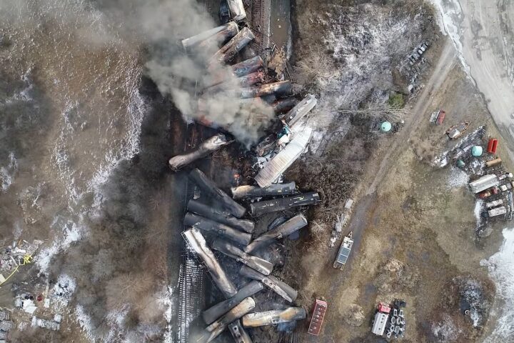 The freight train derailment in East Palestine, Ohio, U.S.( Photo Credit: National Transportation Safety Board )