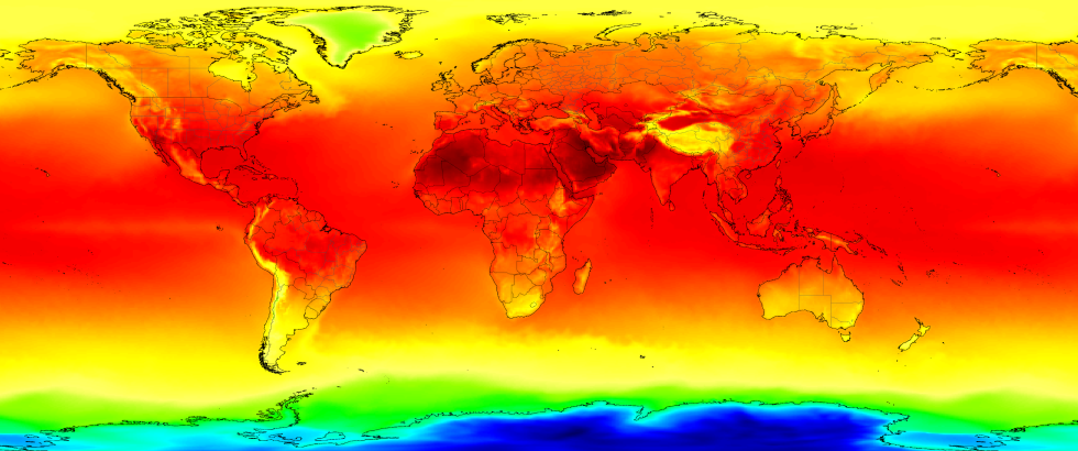 Global MERRA-2 atmospheric temperature at 650 hPa (approximately 11,500 feet) on July 12, 2016. Red/dark red colors indicate higher atmospheric temperatures; blue/purple colors indicate lower temperatures. Credit: NASA GMAO.