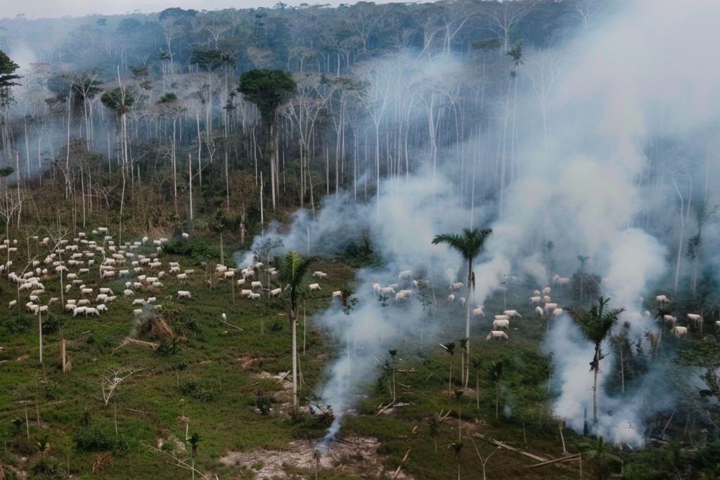 Artist impression of deforestation in Amazon for cattle