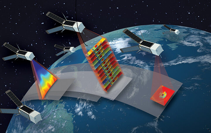 Concept of the TROPICS mission, which will study hurricanes with a constellation of 12 CubeSats flying in formation. (Credit: MIT Lincoln Laboratory.)