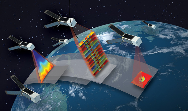 Concept of the TROPICS mission, which will study hurricanes with a constellation of 12 CubeSats flying in formation. (Credit: MIT Lincoln Laboratory.)