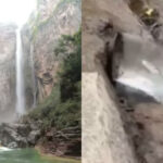 The Yuntai Waterfall of China (Left) came under scrutiny after a video showed that water there may by supplied by pipes. (Photo: Screengrab/ X)