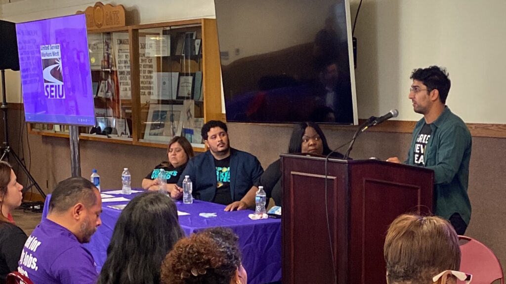 Speech by an Earthjustice member urging California to #FixLCFS by including jet fuel emissions in the state’s scoping plan, in support of airport workers-Photo Source SEIU USWW