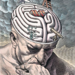 The gyri of the thinker's brain as a maze of choices in biomedical ethics. Scraperboard drawing by Bill Sanderson, 1997. Photo Credit: WelcomeCollection {CC BY 4.0 DEED}