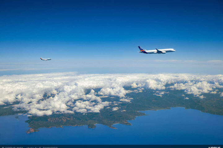 A350 flight test aircraft followed by DLR chase plane during ECLIF3 flight campaign "Photo Credits-Airbus"