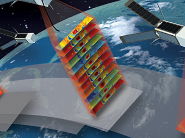 Concept of the TROPICS mission, which will study hurricanes with a constellation of 12 CubeSats flying in formation. (Credit: MIT Lincoln Laboratory.)