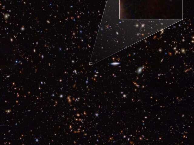 JADES (NIRCam Image with Pullout). The NIRCam data was used to determine which galaxies to study further with spectroscopic observations. One such galaxy, JADES-GS-z14-0 (shown in the pullout), was determined to be at a redshift of 14.32 (+0.08/-0.20), making it the current record-holder for the most distant known galaxy. This corresponds to a time less than 300 million years after the big bang. Get the JADES image details and downloads. Credit: NASA, ESA, CSA, STScI, B. Robertson (UC Santa Cruz), B. Johnson (CfA), S. Tacchella (Cambridge), P. Cargile (CfA).