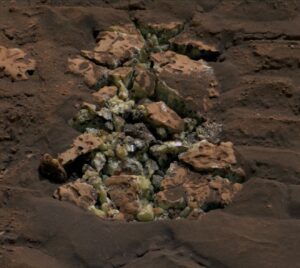 These yellow crystals were revealed after NASA’s Curiosity happened to drive over a rock and crack it open on May 30. Using an instrument on the rover’s arm, scientists later determined these crystals are elemental sulfur — and it’s the first time this kind of sulfur has been found on the Red Planet.