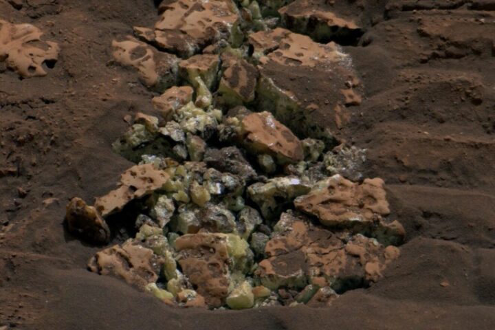 These yellow crystals were revealed after NASA’s Curiosity happened to drive over a rock and crack it open on May 30. Using an instrument on the rover’s arm, scientists later determined these crystals are elemental sulfur — and it’s the first time this kind of sulfur has been found on the Red Planet.