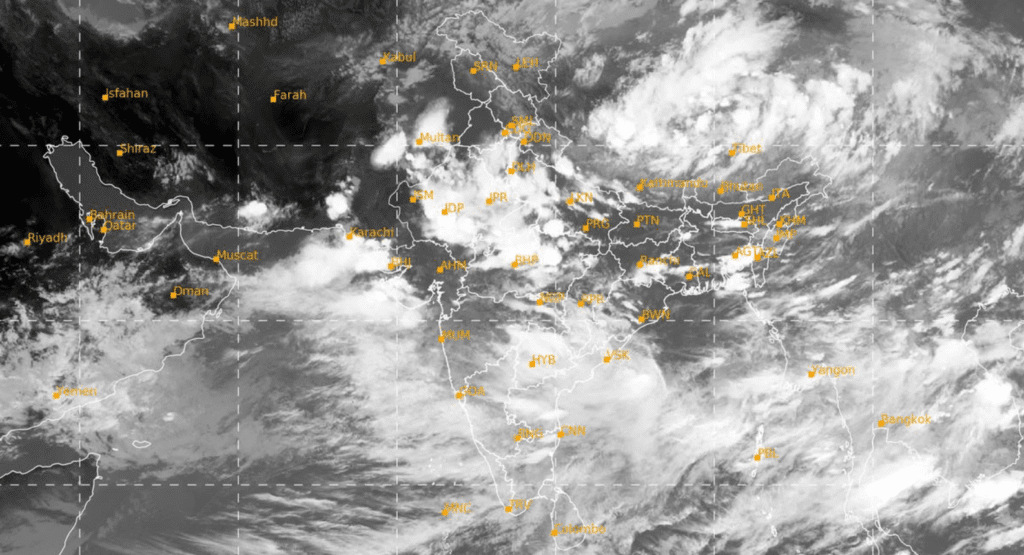 Satellite image of the infrared 1 channel (10.8 µm) belongs to the Infrared window region (10-12µm) of the electromagnetic spectrum. It provides quantitative measurements of temperature of the underlying surface or clouds. Date- 18/7/2024. Source-IMD.