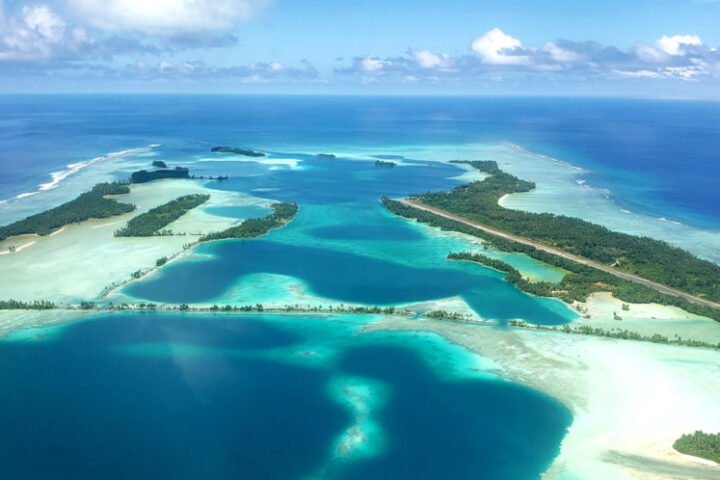 An aerial view of Palmyra Atoll, where animal tracking data, now being studied by NASA Marine Study's Internet of Animals project, was collected using wildlife tags by partners at The Nature Conservancy, the U.S. Geological Survey, the National Oceanic and Atmospheric Administration, and several universities.