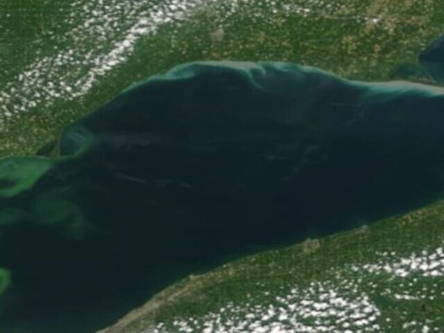 image of a harmful algal bloom in Lake Erie as seen from the NOAA/NASA Suomi-NPP satellite on August 16, 2015. The Ocean Color Instrument on GeoXO will overcome the limitations of low-Earth orbiting satellites whose observations are often affected by cloud cover and sunglint. Photo Credit: NOAA