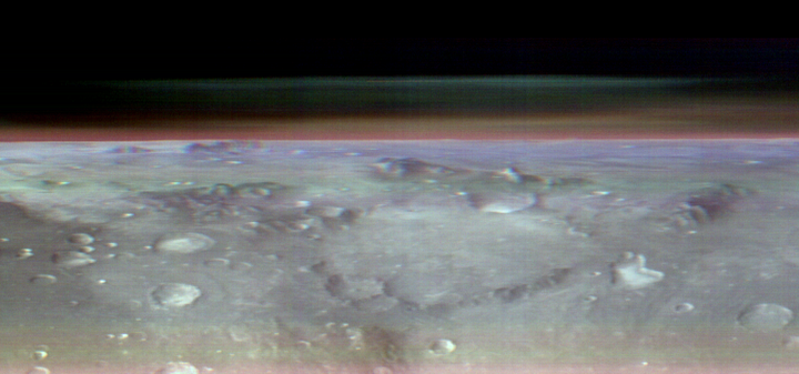 This unusual view of the horizon of Mars was captured by NASA’s Odyssey orbiter using its THEMIS camera, in an operation that took engineers three months to plan. It’s taken from about 250 miles above the Martian surface – about the same altitude at which the International Space Station orbits Earth. Credit: NASA/JPL-Caltech/ASU