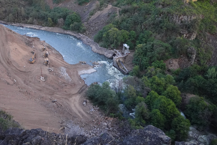 Crews continue to make swift work on the deconstruction of Copco No. 2. This dam was designed to divert the river into pipelines that run through a mountain to send waters to the Copco No. 2 powerhouse, located roughly a mile downstream.