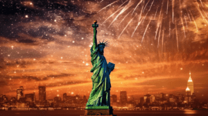 A spectacular depiction of the Statue of Liberty with a backdrop of bursting fireworks, illuminating the New York Harbor on the 4th of July.