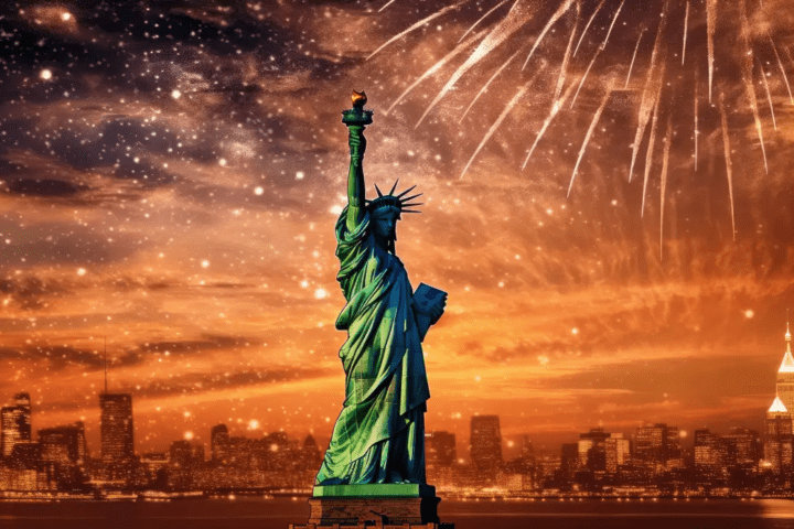 A spectacular depiction of the Statue of Liberty with a backdrop of bursting fireworks, illuminating the New York Harbor on the 4th of July.