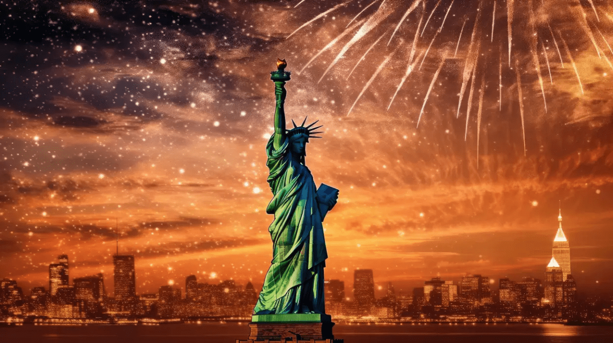 A spectacular depiction of the Statue of Liberty with a backdrop of bursting fireworks, illuminating the New York Harbor on the 4th of July.