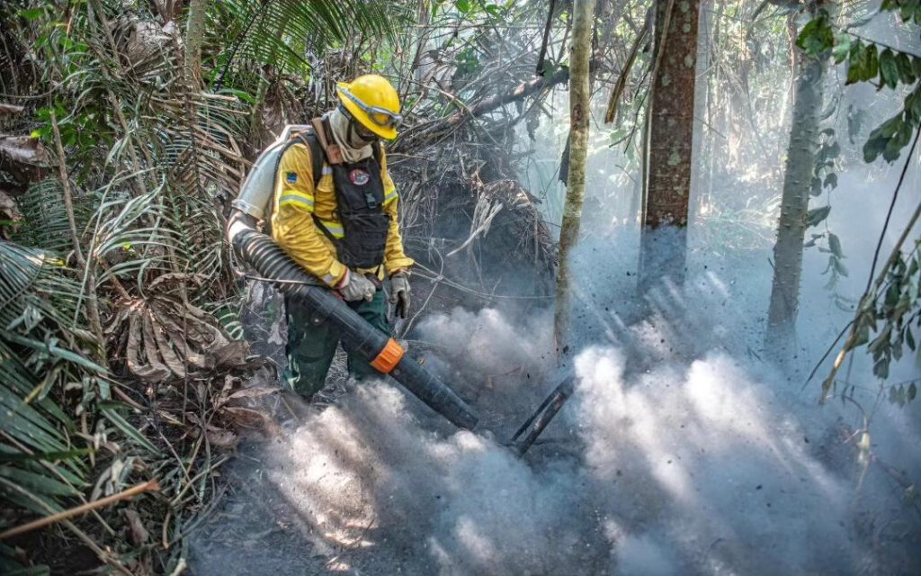 Worker is putting out a fire. Photo Source: Ministério do Meio Ambiente e Mudança do Clima