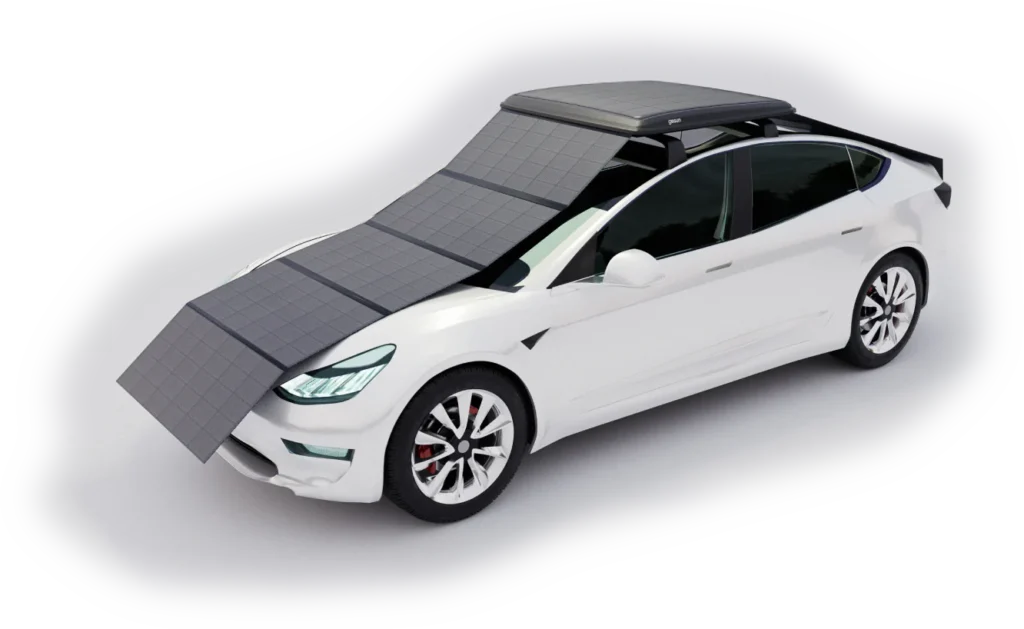 An electric car equipped with foldable solar panels covering the hood, roof, and windshield area. Photo Source: GoSun