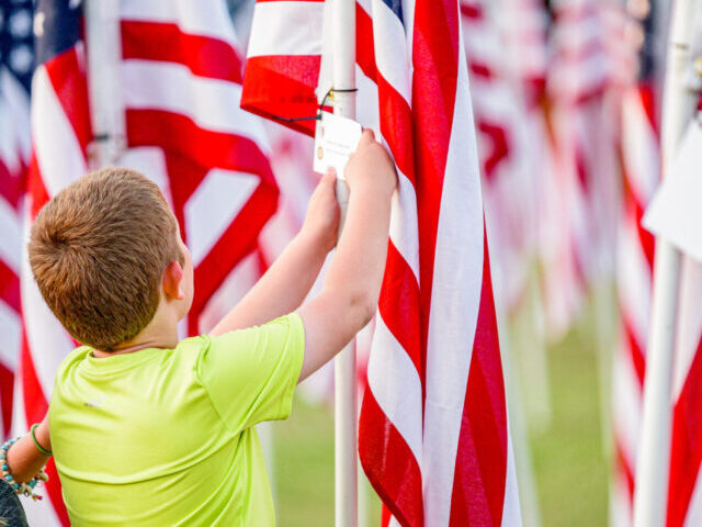 Children read a dedication card on a flag at the Field of Honor at Greenville Town Common, Greenville. Photo Source: Rawpixel (CC0 1.0)