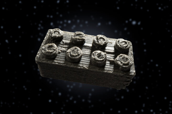 A LEGO-style ESA space brick, 3D-printed using dust from a meteorite.