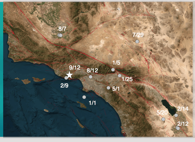 Points of earthquake in Malibu.