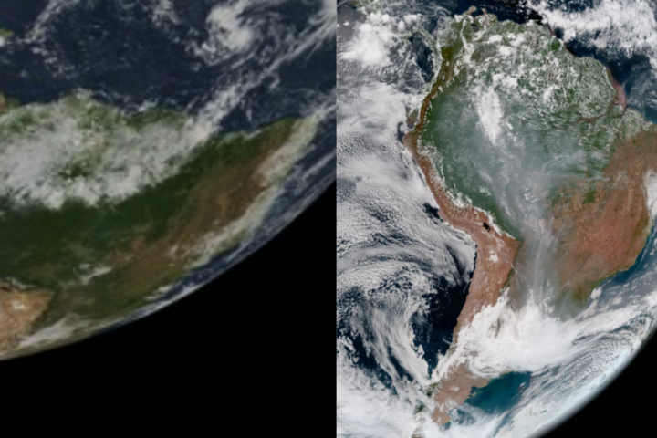 Left: Blue Marble 2002. Right: GOES-19 full disk GeoColor image from Aug. 30, 2024. This type of imagery combines data from multiple ABI channels to approximate what the human eye would see from space.